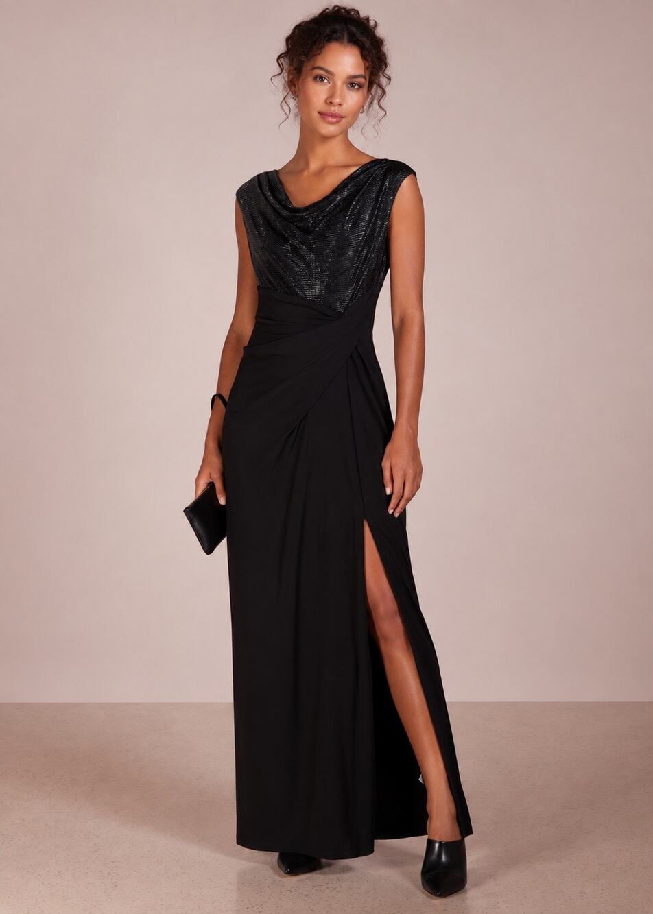 Lauren Ralph Lauren Black Metallic Cowl Neck Ruched Jersey Evening Gown Size 8